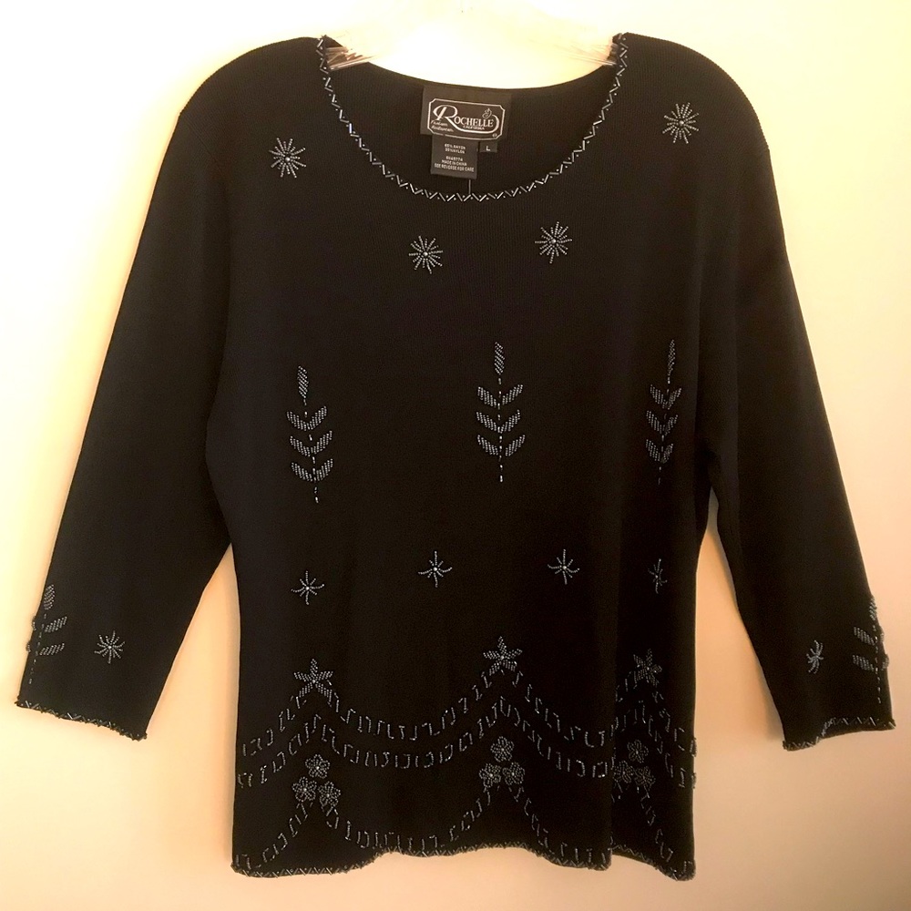 Rochelle California Black Beaded Knit Top Sz Lg